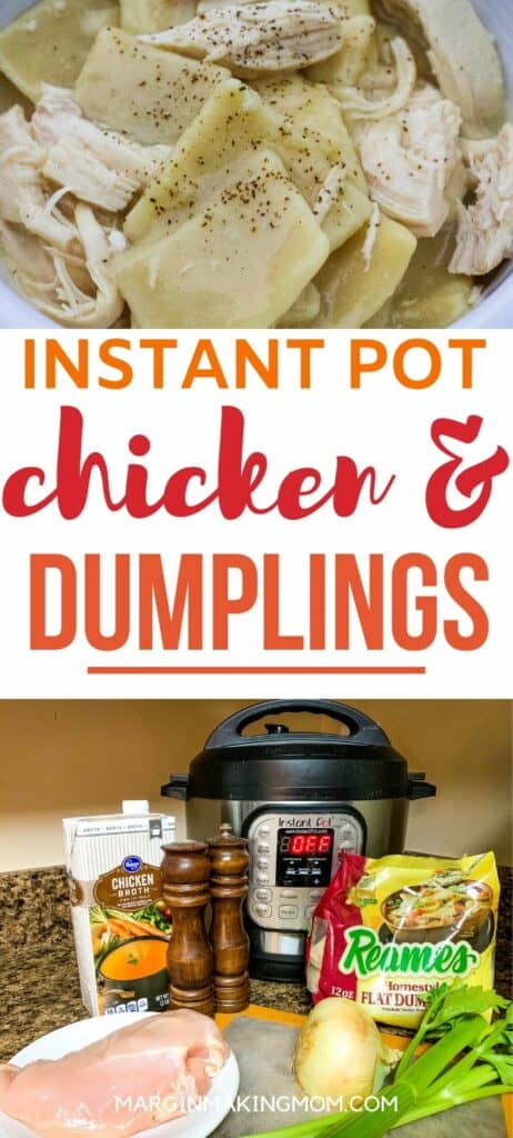ingredients for Instant Pot chicken and frozen dumplings along with an image of the cooked dumplings in a bowl