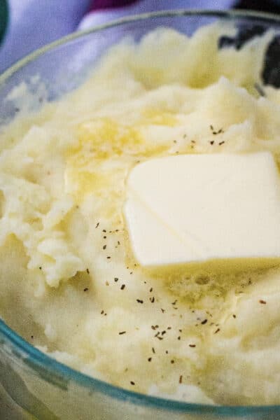 Pyrex dish of mashed potatoes