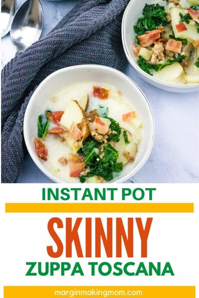 white bowls of healthy zuppa toscana soup cooked in the Instant Pot
