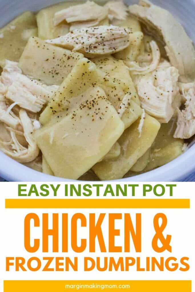 white bowl filled with chicken and dumplings made with frozen dumplings in the Instant Pot