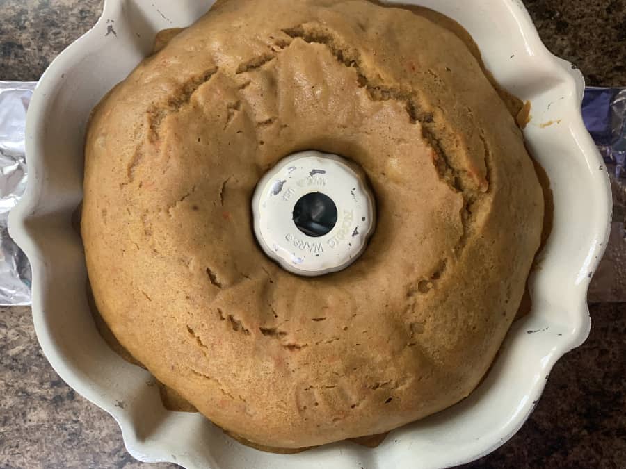 carrot bundt cake in a bundt pan, fresh out of the Instant Pot