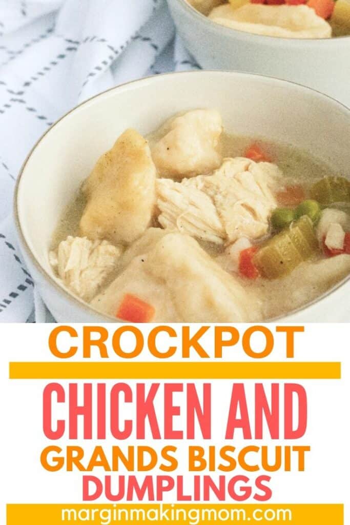 white bowl filled with chicken and dumplings made with Grands biscuits in the Crockpot