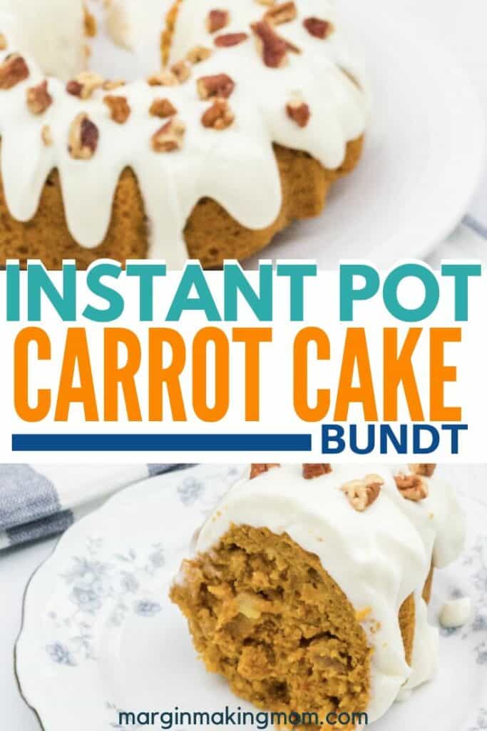 china plate with a slice of Instant Pot carrot cake on it, with the entire cake in the background