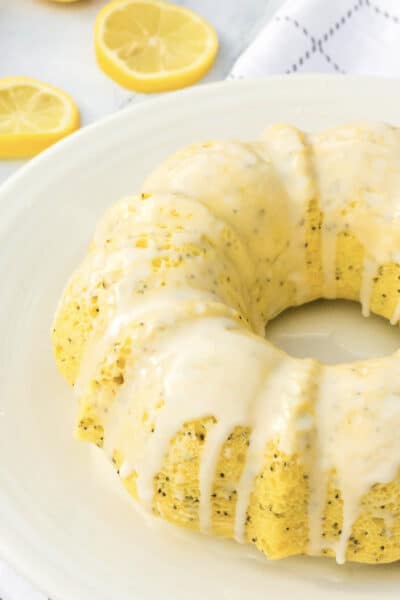 Instant Pot Lemon Poppy Seed Bundt Cake on a white plate