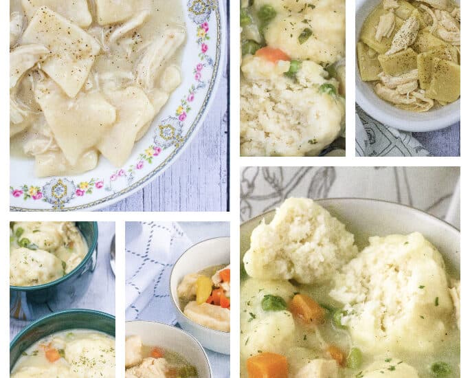 collage image of different types of chicken and dumplings