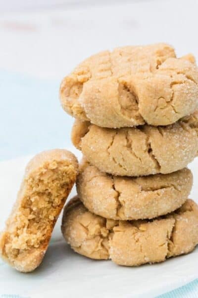 stack of Bisquick peanut butter cookies, with a bite removed from one cookie