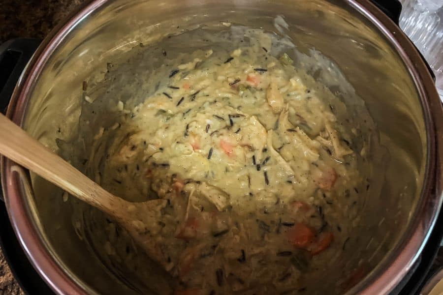 creamy chicken and wild rice casserole in the insert pot of the Instant Pot