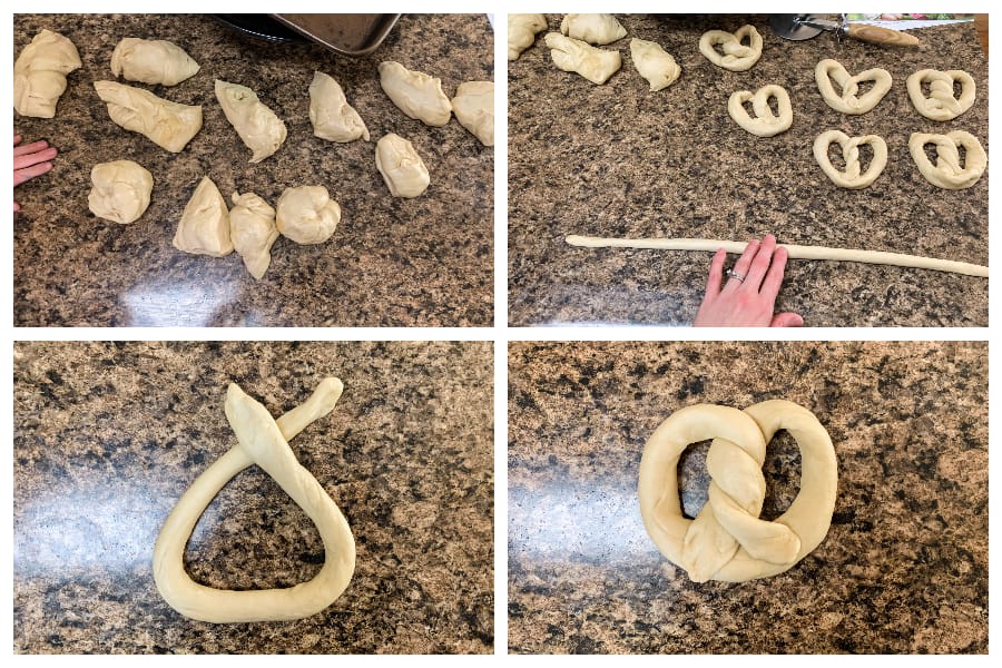 collage of images showing how to shape pretzel dough