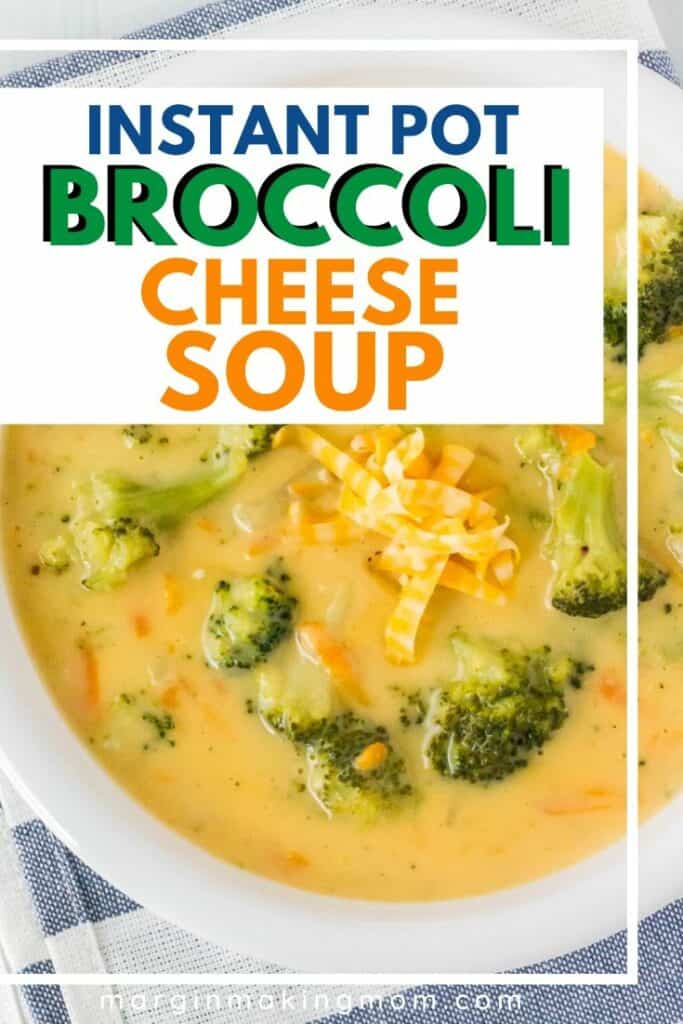 white bowl of Instant Pot broccoli cheese soup