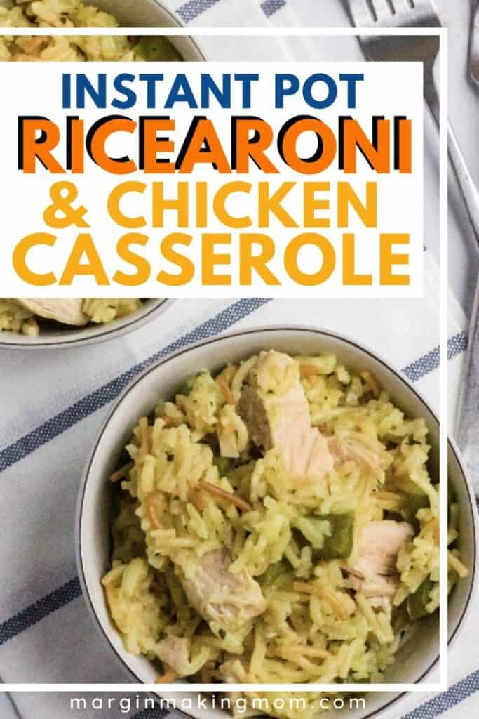 two white bowls filled with ricearoni chicken casserole that was cooked in the Instant Pot
