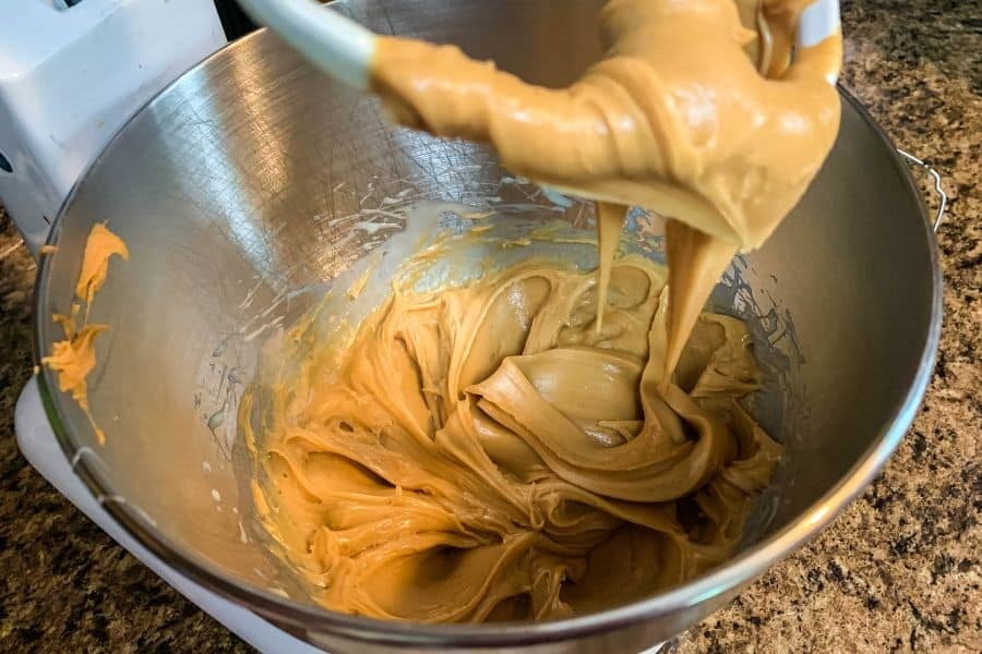 peanut butter cookie batter in stand mixer bowl