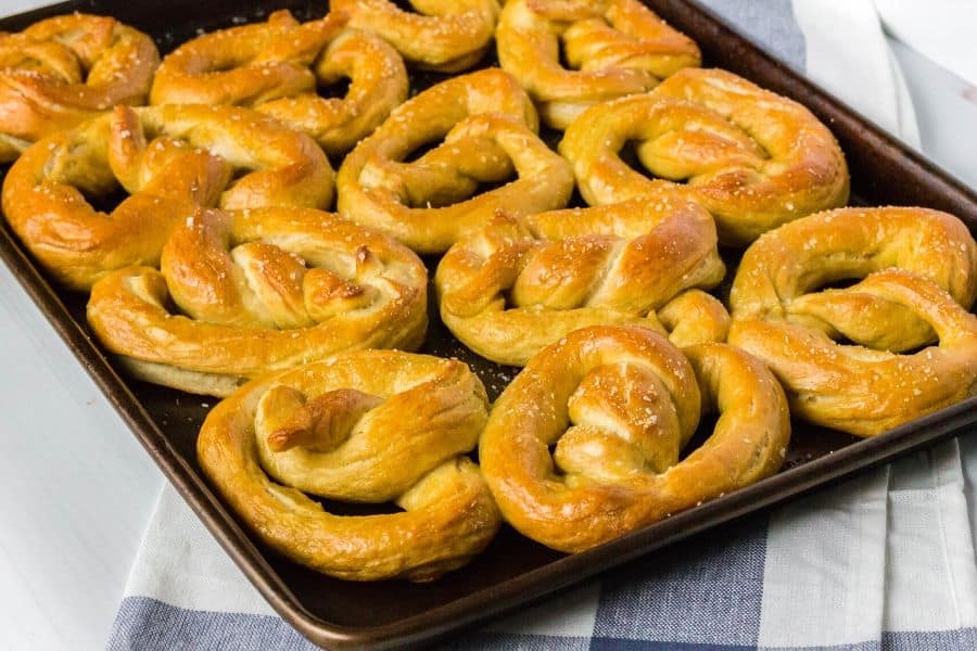 baking sheet of fresh baked soft pretzels