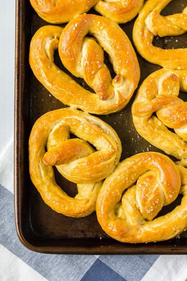 sheet pan of homemade pretzels fresh out of the oven