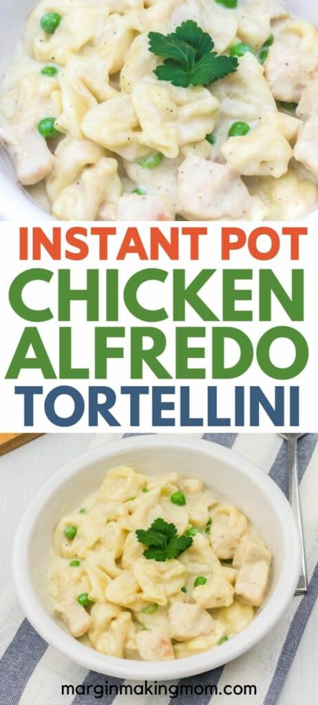 Instant Pot tortellini alfredo in a white bowl