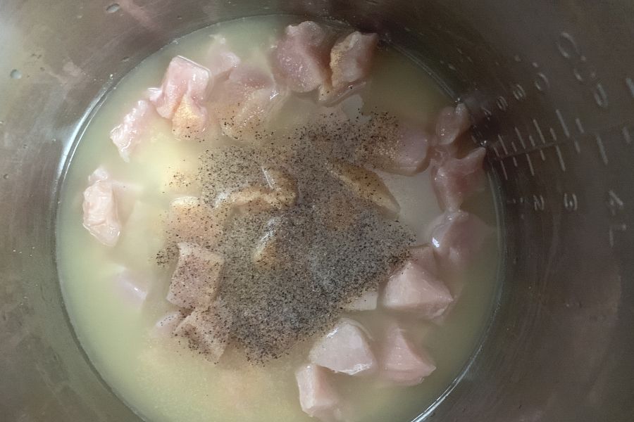 chicken, broth, and spices in an Instant Pot