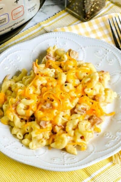 white plate with a serving of macaroni and cheese with ham on it, in front of an Instant Pot