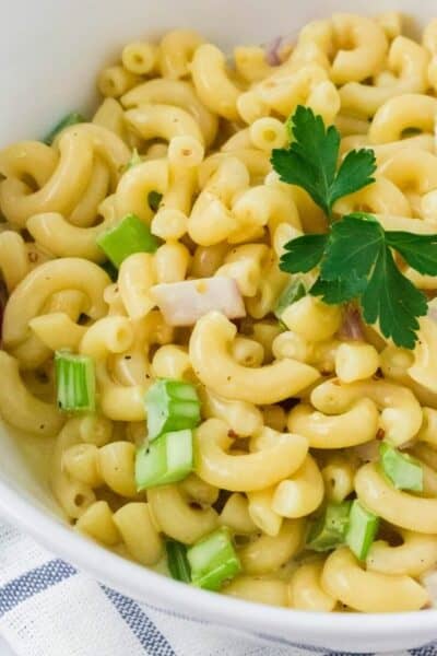 easy macaroni salad in a white bowl