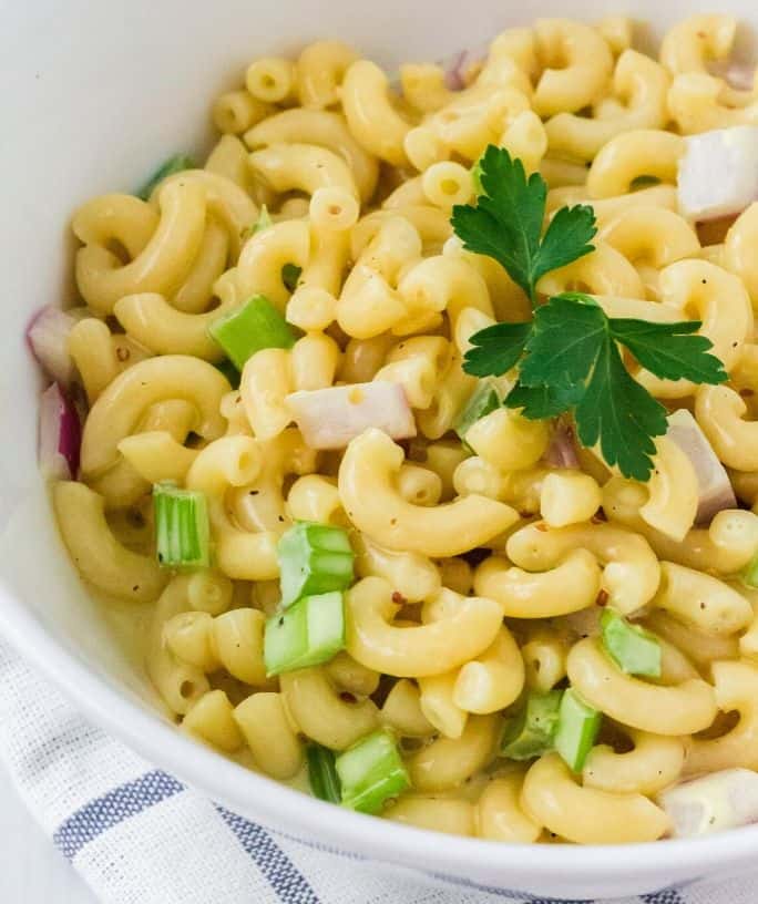 easy macaroni salad in a white bowl