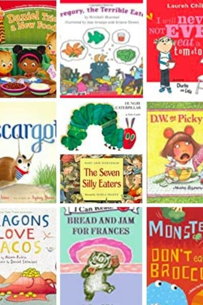 collage image of the covers of different kids books about picky eating