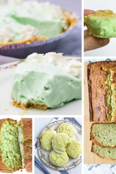collage of images of recipes that use pistachio pudding