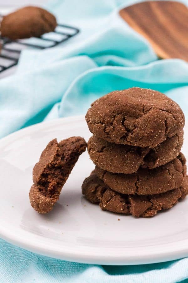 stack of chocolate snickerdoodles on a white plate