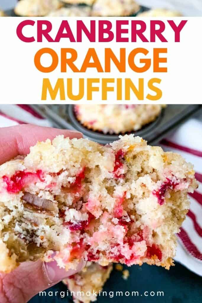 A woman's hand is holding half of a cranberry orange muffin