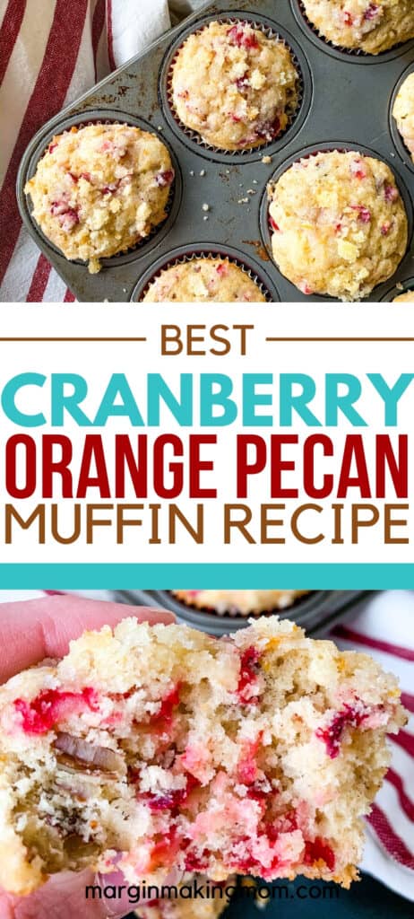 a muffin pan filled with streusel-topped cranberry orange pecan muffins