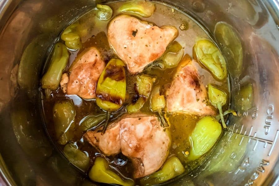 chicken and pepperoncini freshly cooked in the Instant Pot