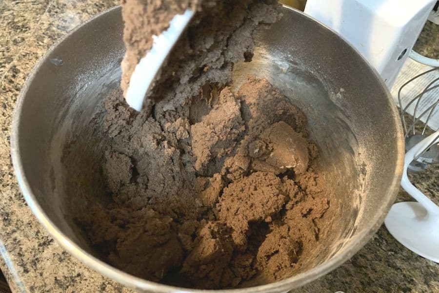 stand mixer of cookie dough for chocolate snickerdoodles