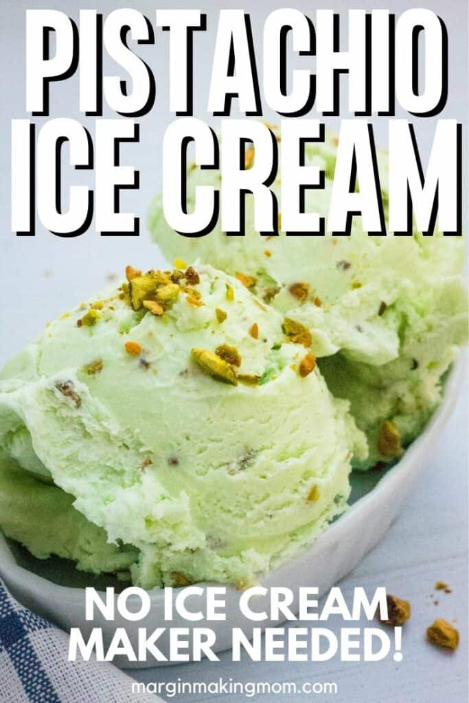 homemade pistachio ice cream scooped into a white serving dish