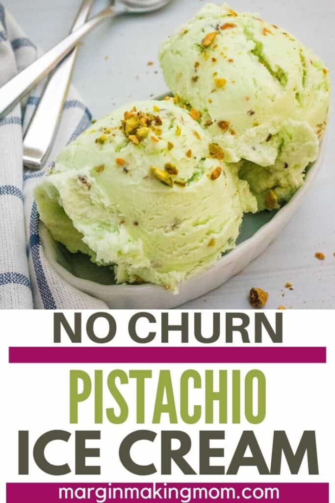 a white custard cup filled with two scoops of homemade pistachio ice cream, garnished with chopped pistachios