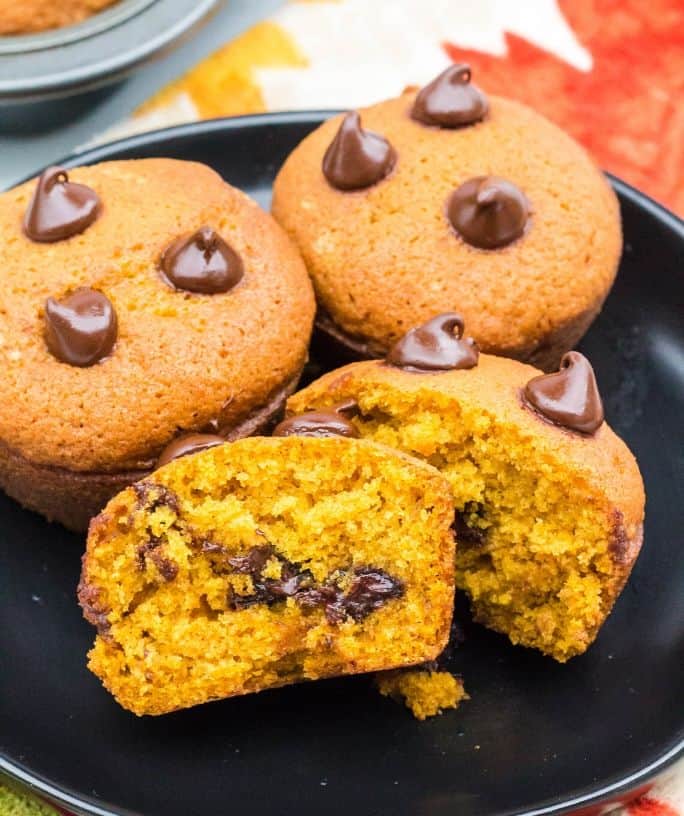 plate full of pumpkin muffins with chocolate chips