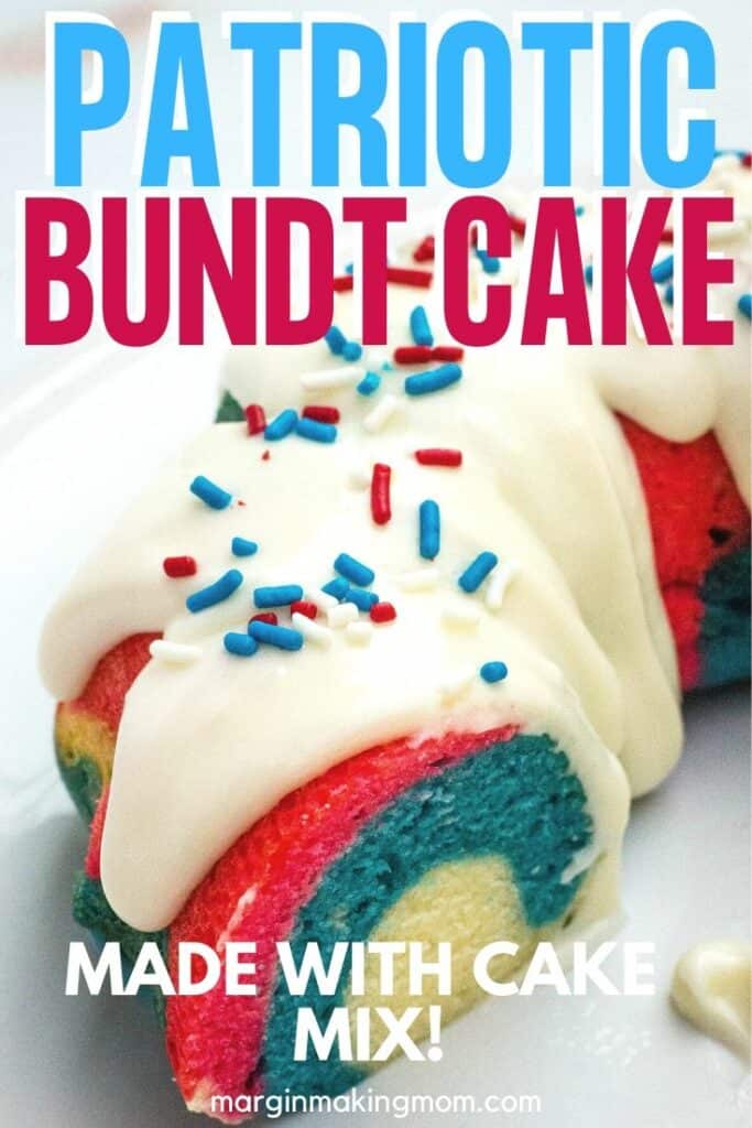 A cut section of a red, white, and blue bundt cake that was baked in the Instant Pot
