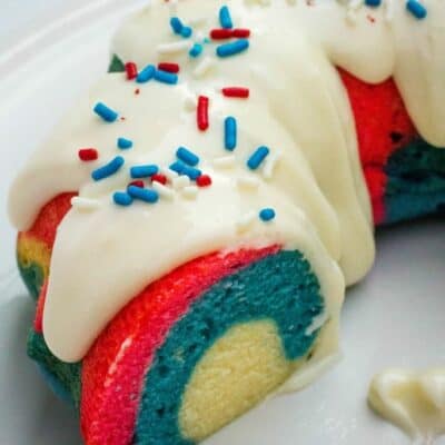 section of a patriotic bundt cake, showing the red, white, and blue swirls throughout the cake
