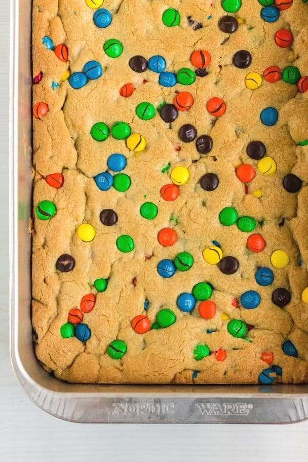 a full pan of M&M Cookie bars