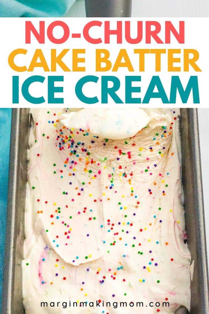 a loaf pan filled with homemade cake batter ice cream