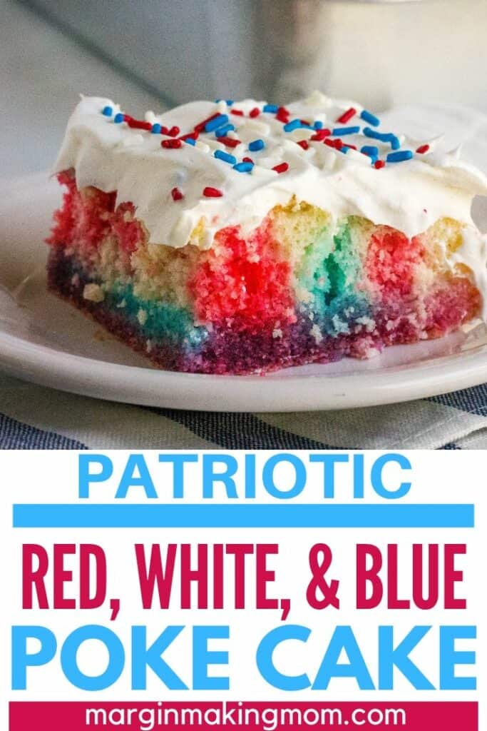 Square of red, white, and blue Jello poke cake topped with whipped cream, on a white plate
