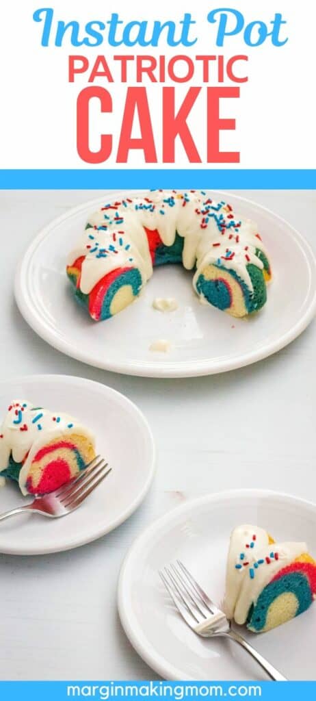 two slices of patriotic bundt cake on white plates, next to a serving plate with the remainder of the whole cake.