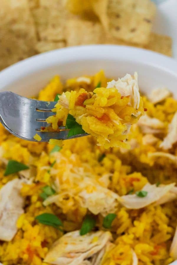 A fork scooping out a bite of pressure cooker arroz con pollo