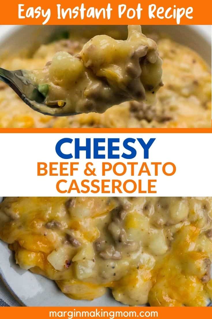 dish of cheesy beef and potato casserole with a fork lifting out a bite