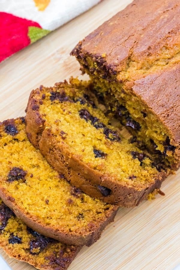 sliced loaf of pumpkin bread with chocolate chips