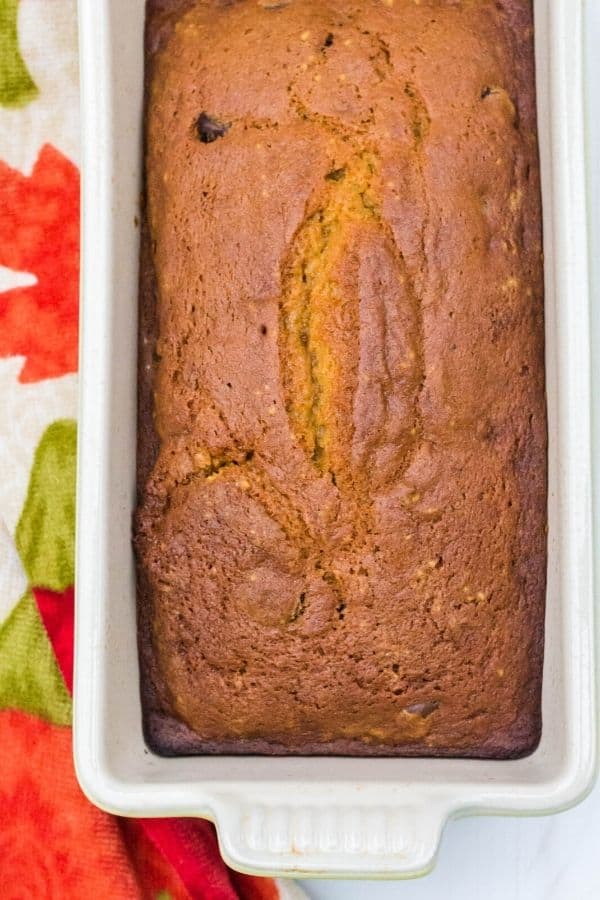 whole loaf of freshly baked pumpkin chocolate chip bread in the loaf pan