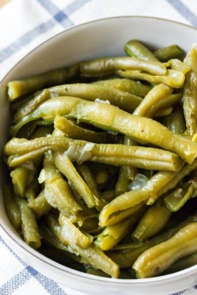 Instant Pot green beans in a white bowl