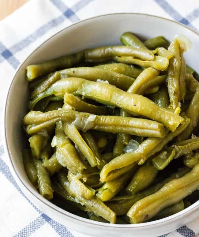Instant Pot green beans in a white bowl
