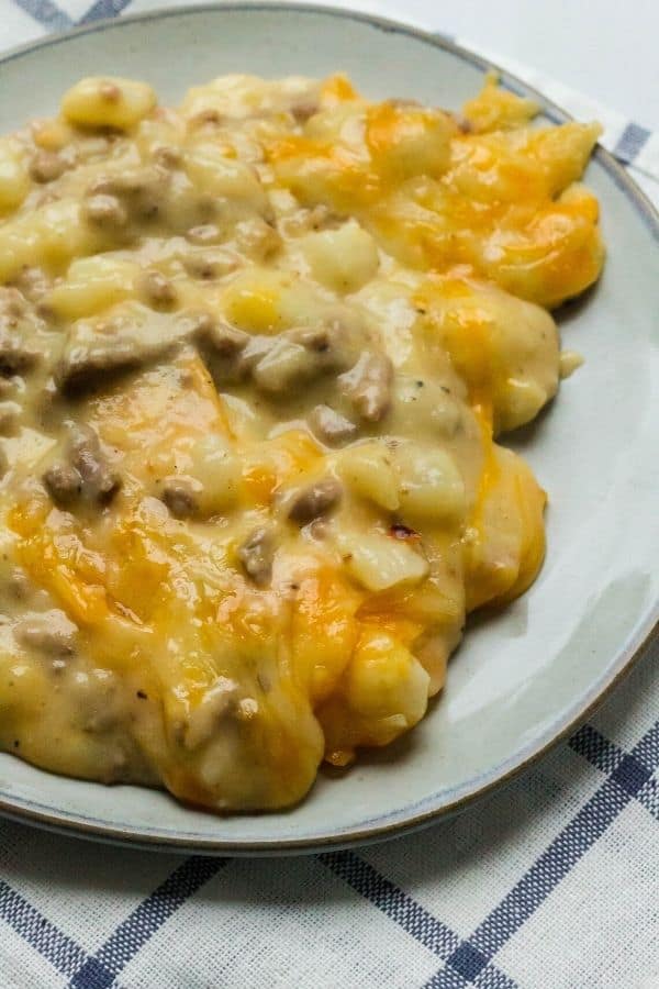 cheesy hamburger and potato casserole on a serving plate