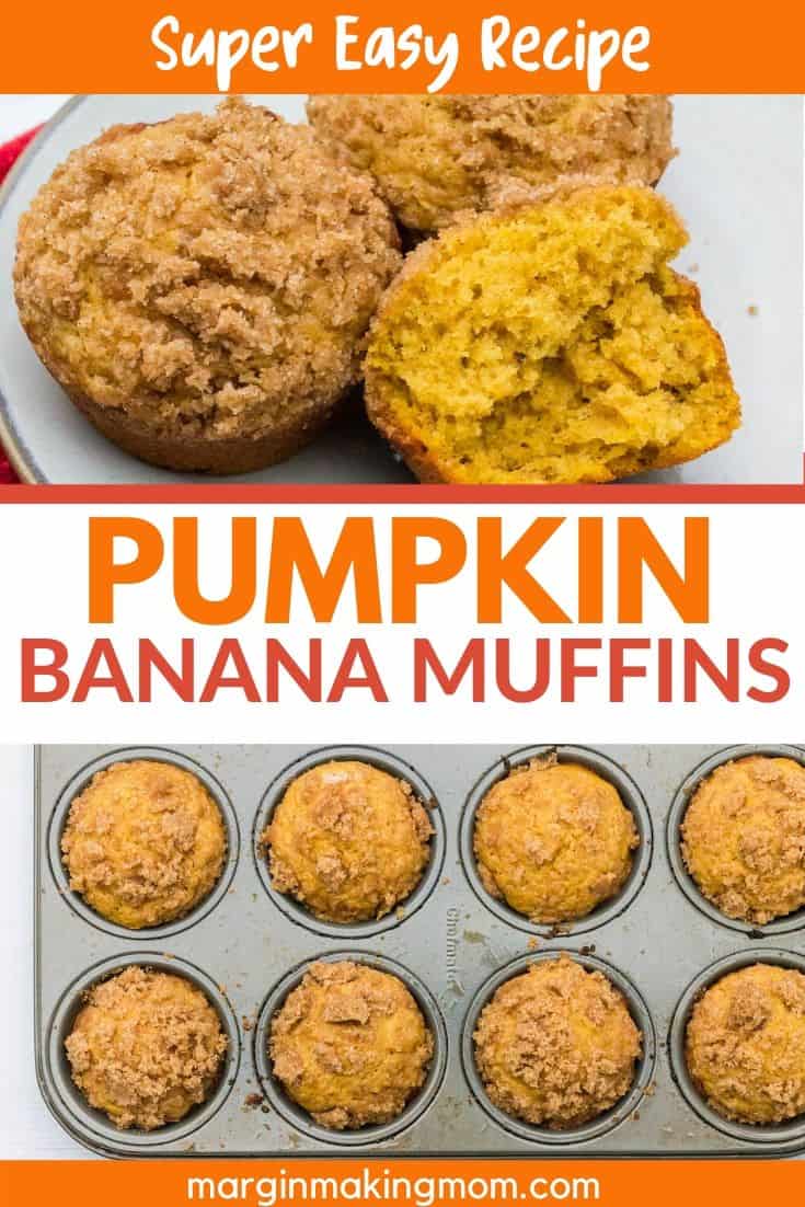 pumpkin banana muffins topped with streusel on a plate and in the muffin pan