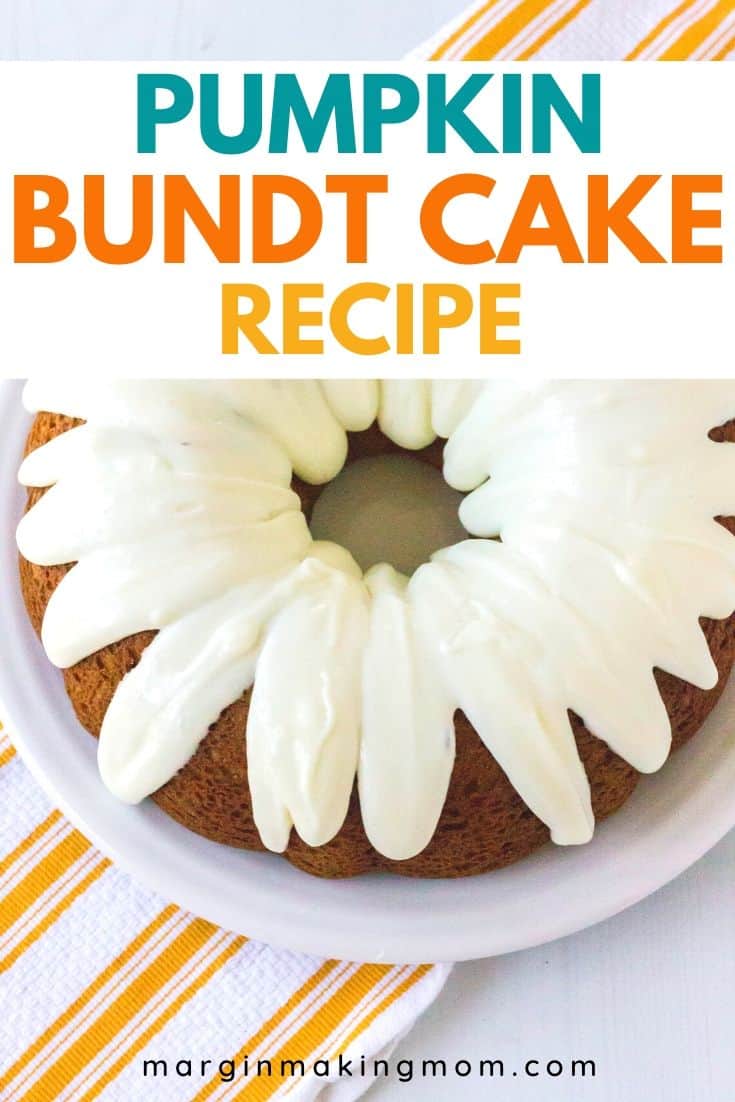 aerial view of a pumpkin spice bundt cake on a white plate