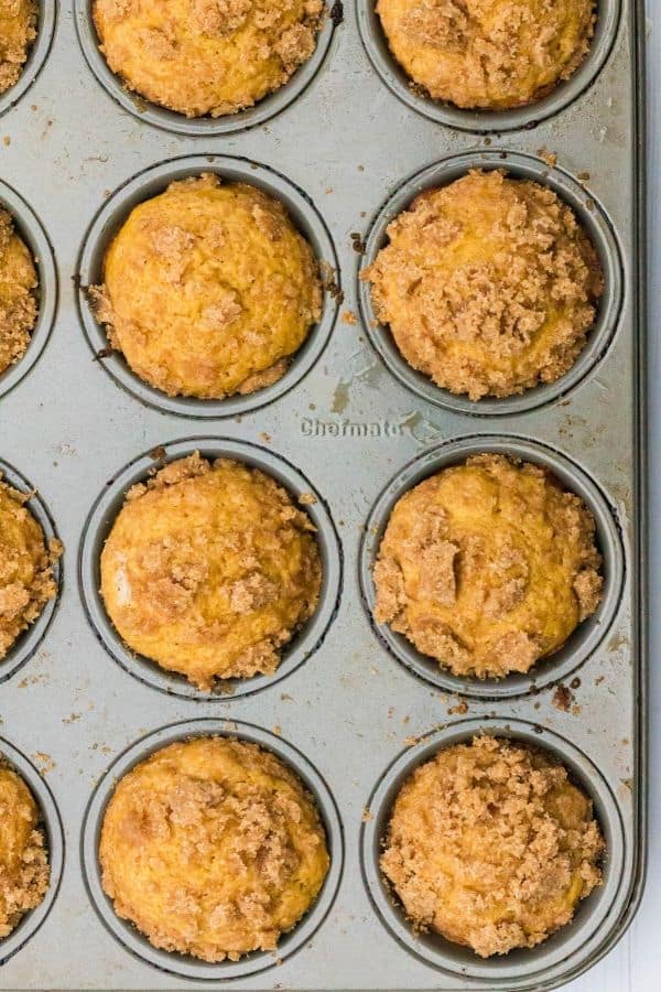 Pumpkin banana muffins freshly baked in a muffin pan