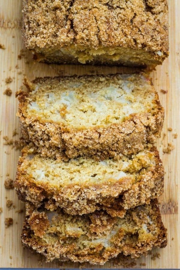 sliced loaf of streusel-topped pear bread