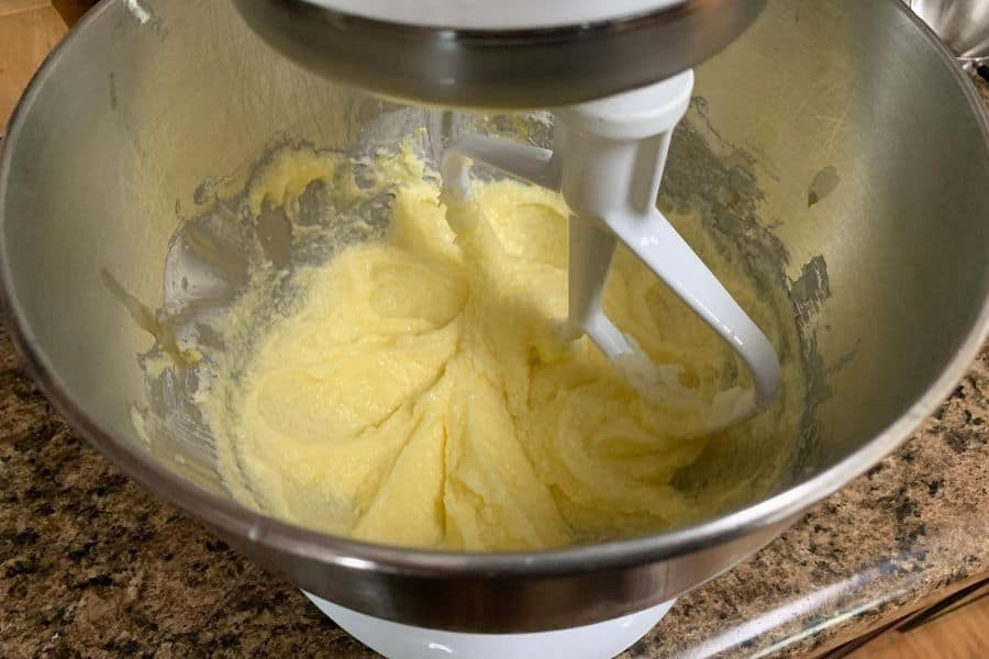 butter, sugar, and eggs mixed together for banana pear bread